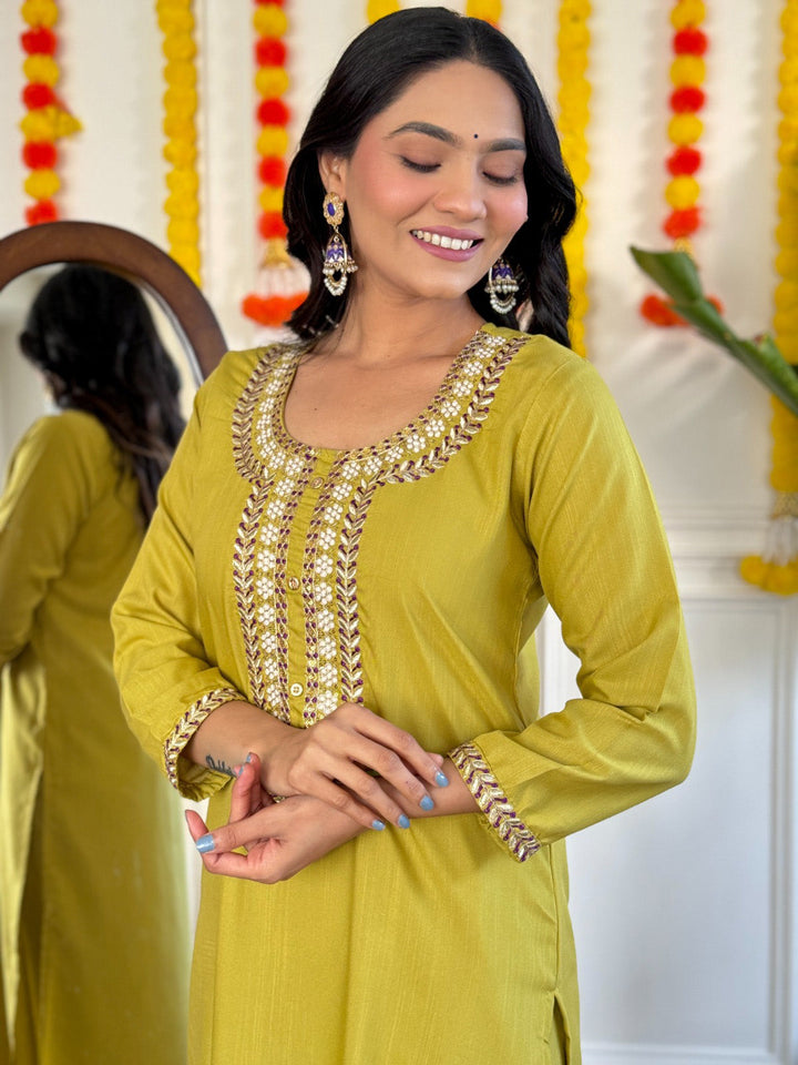 Lemon Yellow Pant Suit with Gota Patti Lace Work and Matching Rayon Pant