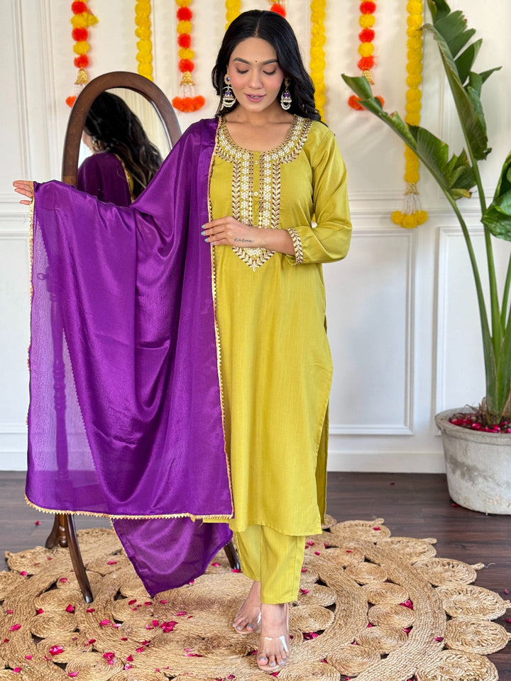  
Beautiful Lemon Yellow Thread Embroidered Rayon Pant Suit for Festivals and Special Events