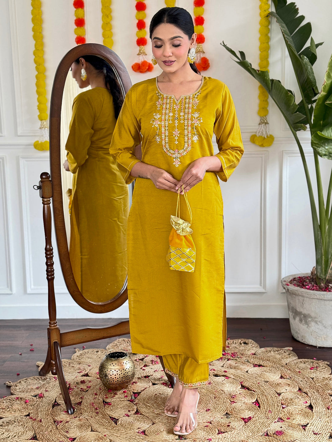 Mustard yellow sequins embellished festival wear pant suit for women