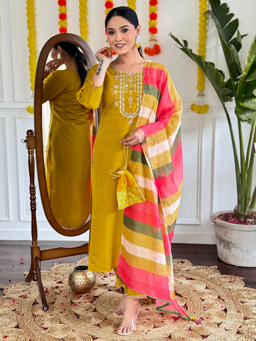 Fabulous Mustard Yellow Sequins Viscose Festival Wear Pant Suit for women