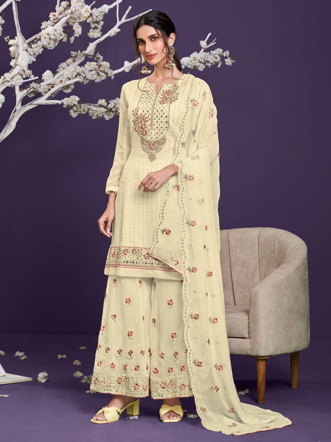 Gorgeous Yellow Sequins Work Georgette Party Wear Sharara Suit with Flared Pants and Dupatta