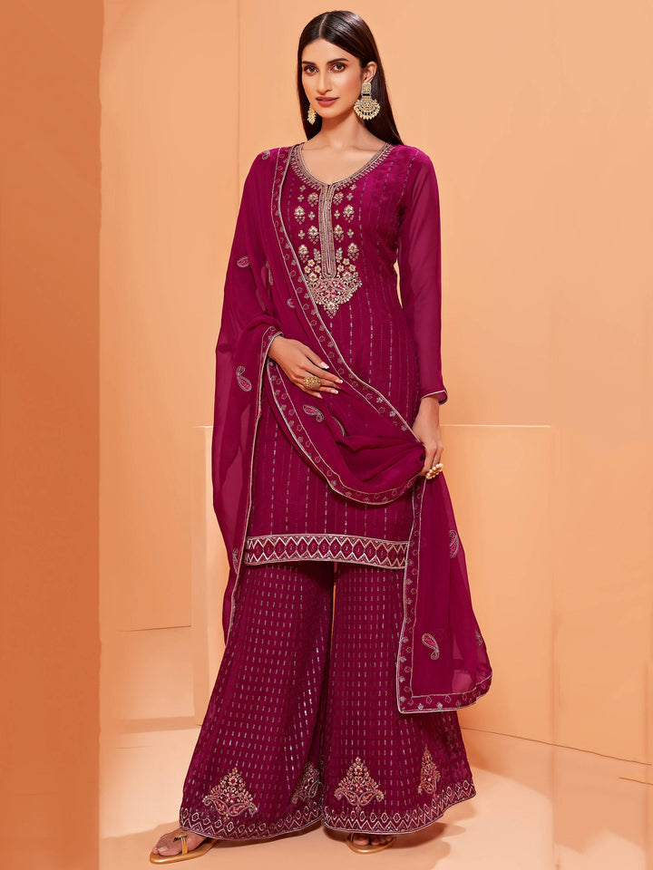 Exquisite Alluring Magenta Sequins Work Georgette Festival Wear Sharara Suit