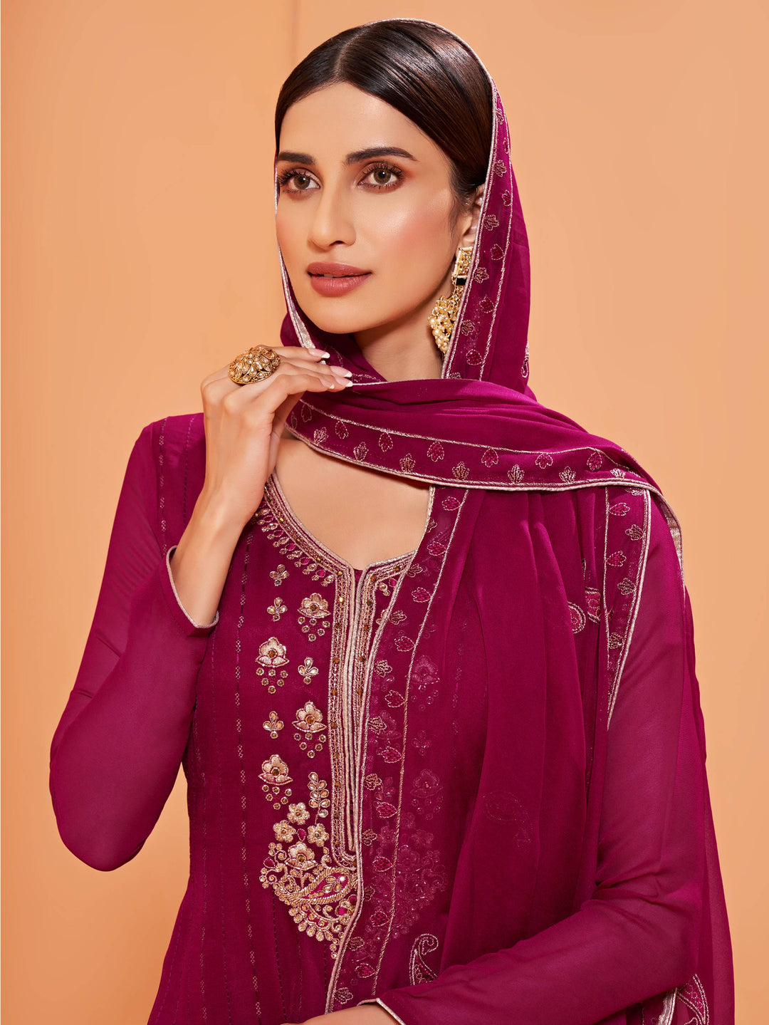 Alluring Magenta Sequins Work Georgette Festival Wear Sharara Suit - Front View With Dupatta