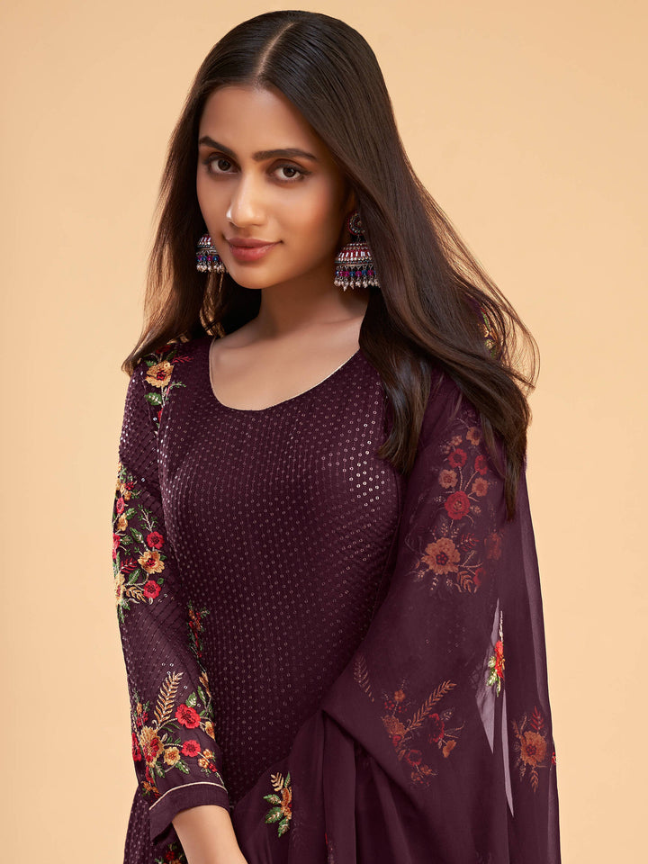 Attractive Wine color suit with georgette material and sequins, thread, zari embroidery work