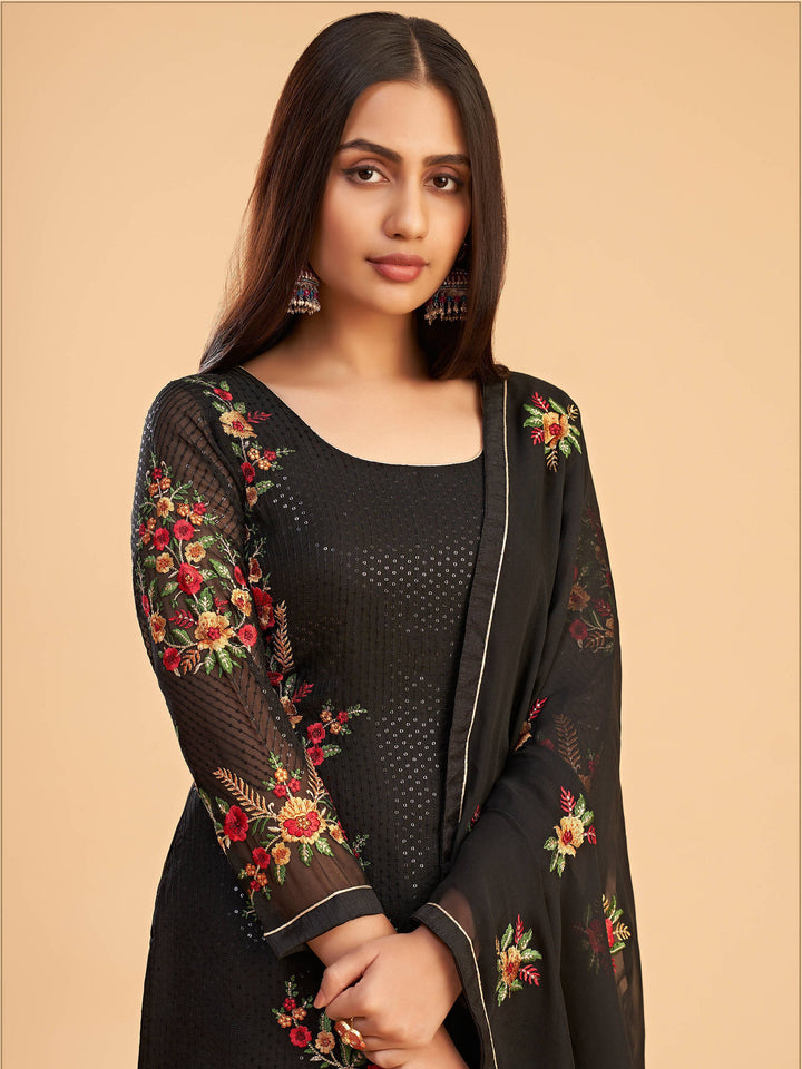 Fabulous Black Sequins Embroidered Georgette Salwar Suit with Intricate Detailing
