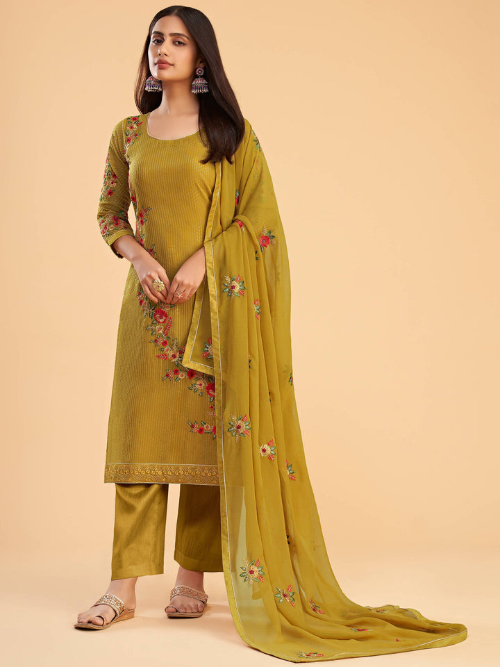 

Yellow georgette salwar suit with zari embroidery and sequins work