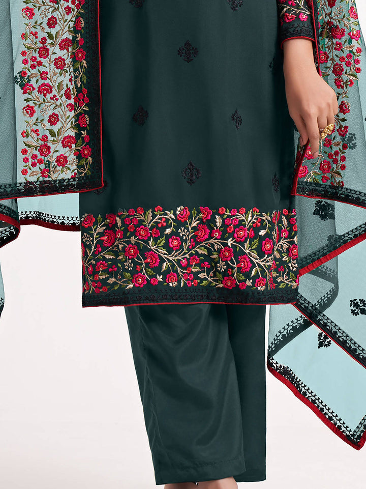 Unstitched dull santoon salwar material and net dupatta with embroidery