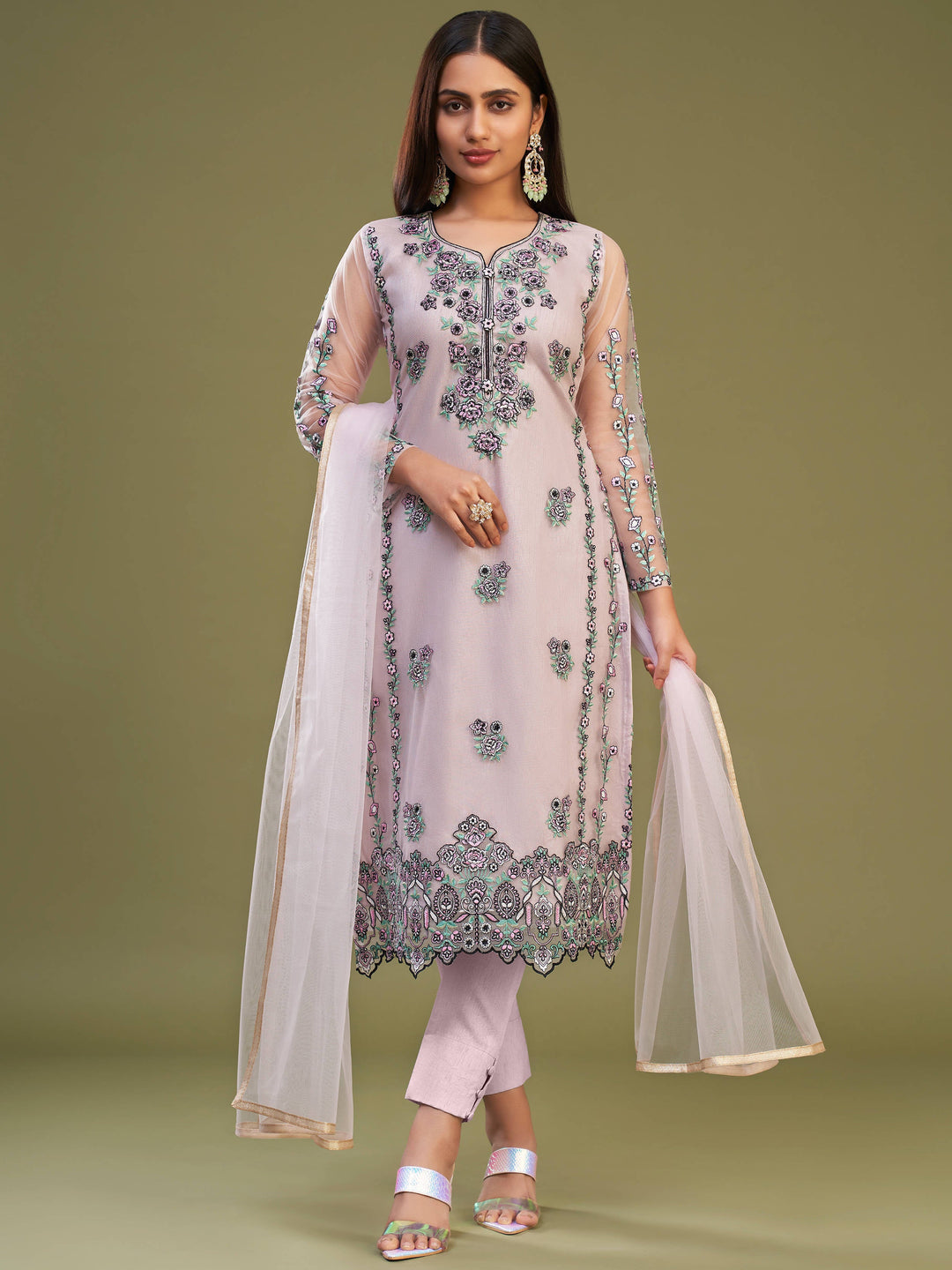 Attractive pink net embroidered designer salwar suit with matching dupatta and intricate detailing