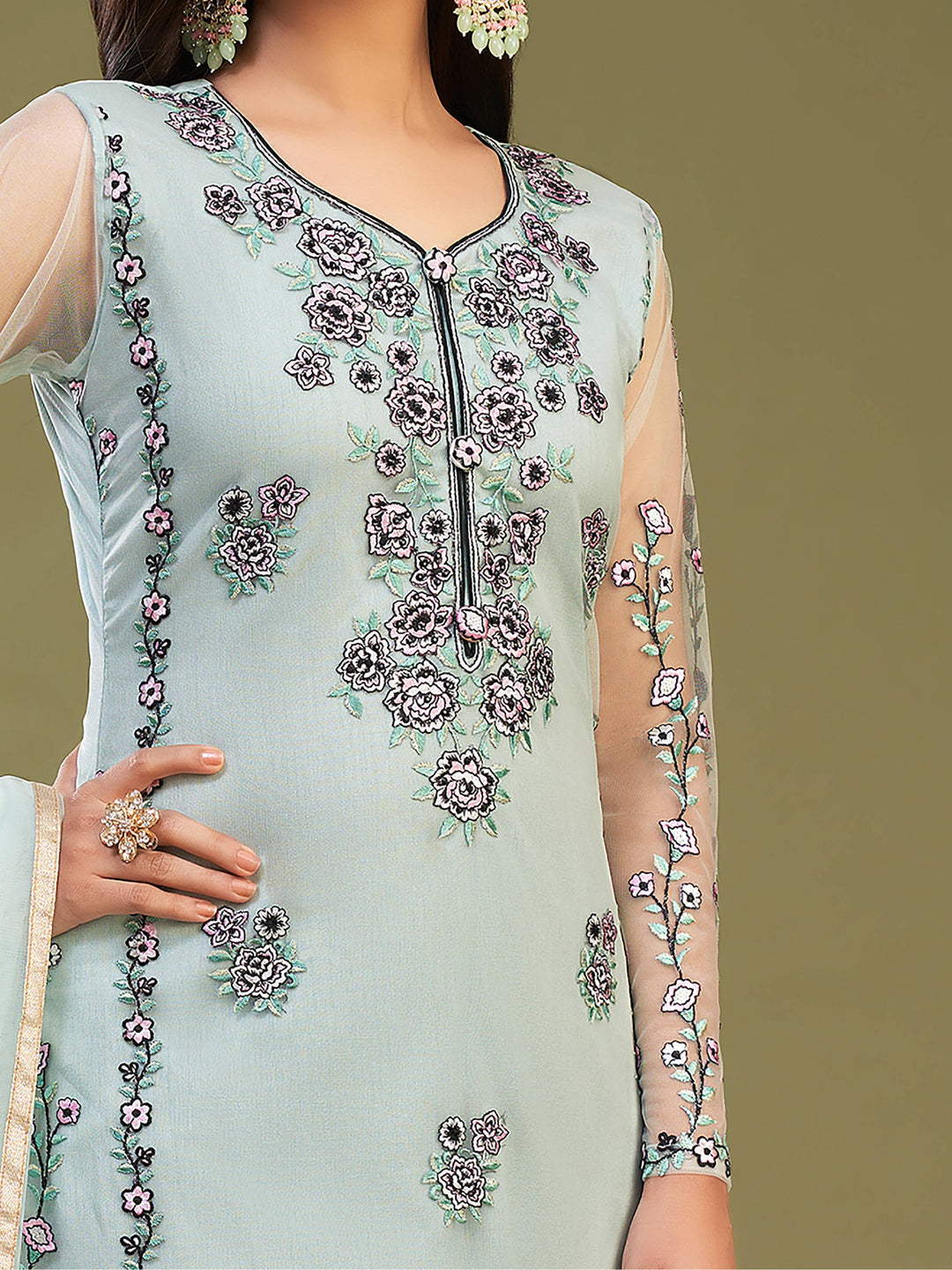 High-quality firozi net fabric attire with expert craftsmanship and stunning embroidery