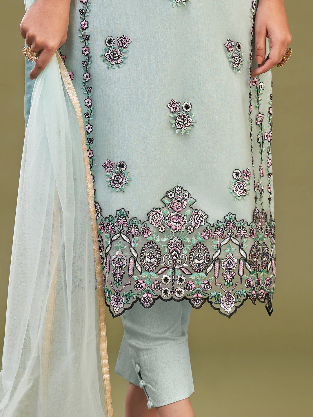 Stunning firozi net embroidered salwar suit with intricate embroidery and multi-thread work