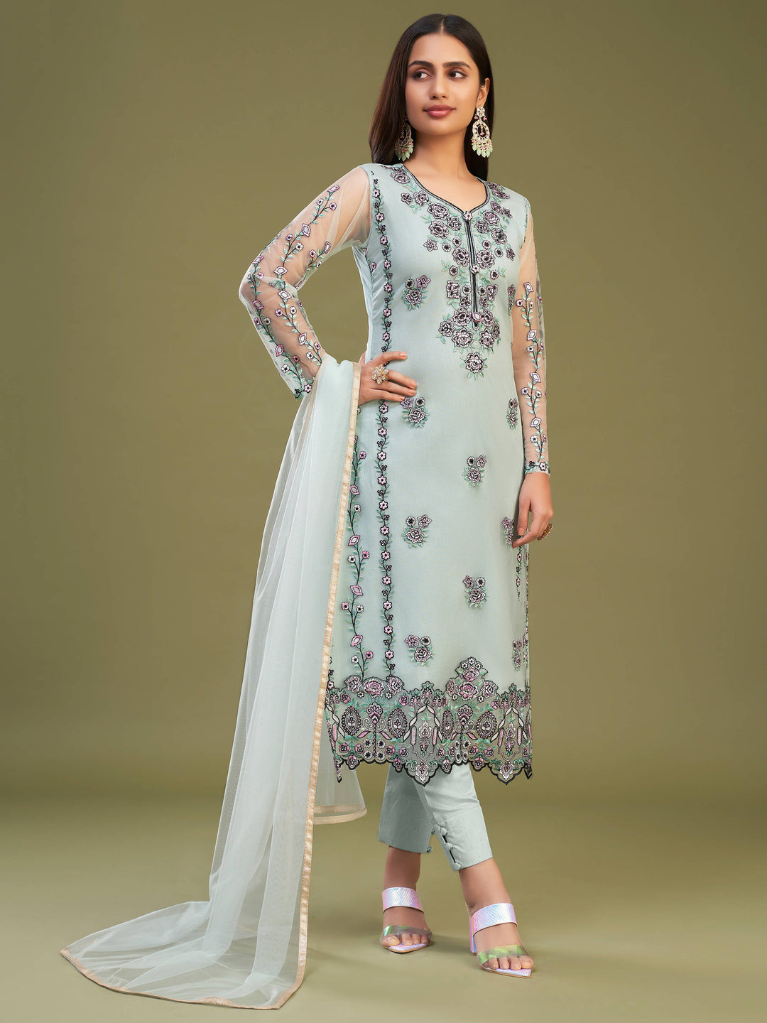 Exquisite firozi net material crafted attire with stunning embroidery and multi-thread work