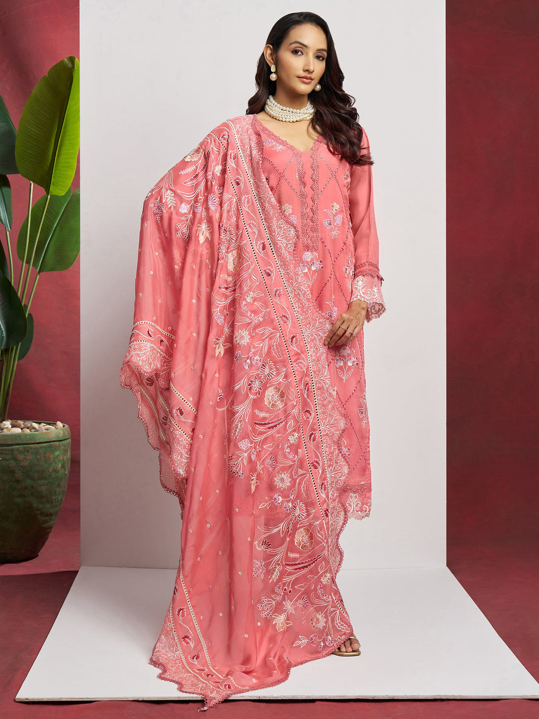 Lovely Peach Floral Embroidered Organza Festival Wear Pant Suit with Heavy Dupatta for women's fashion event outfit styling