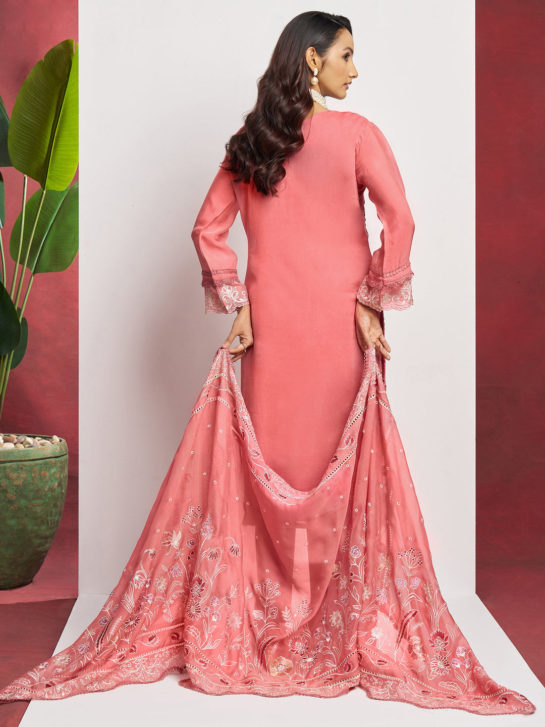 Lovely Peach Floral Embroidered Organza Festival Wear Pant Suit with Heavy Dupatta - Elegant and stylish festival wear outfit with intricate floral embroidery and a stunning heavy dupatta