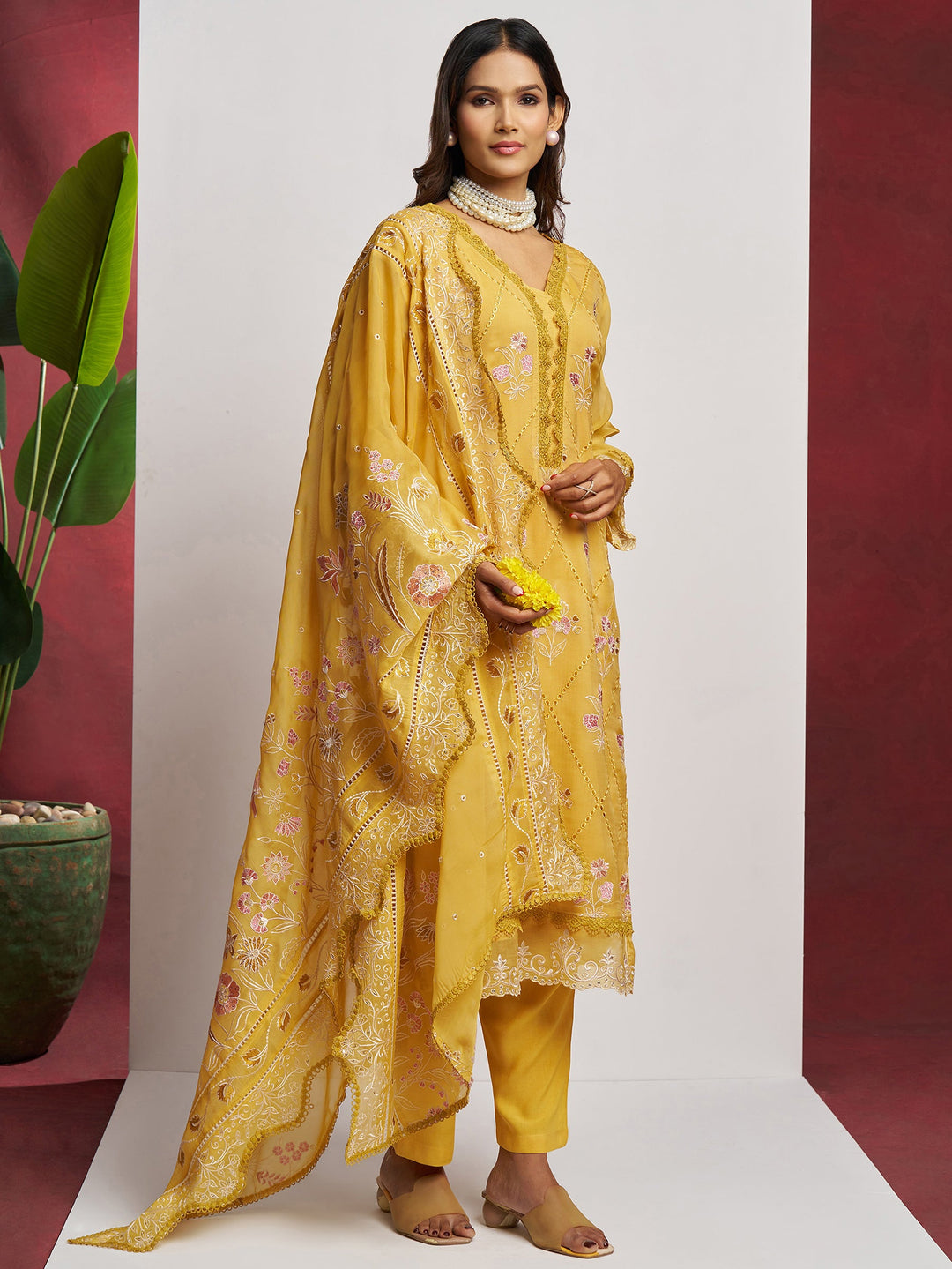 Pure organza silk dupatta with heavy floral embroidery and lace border