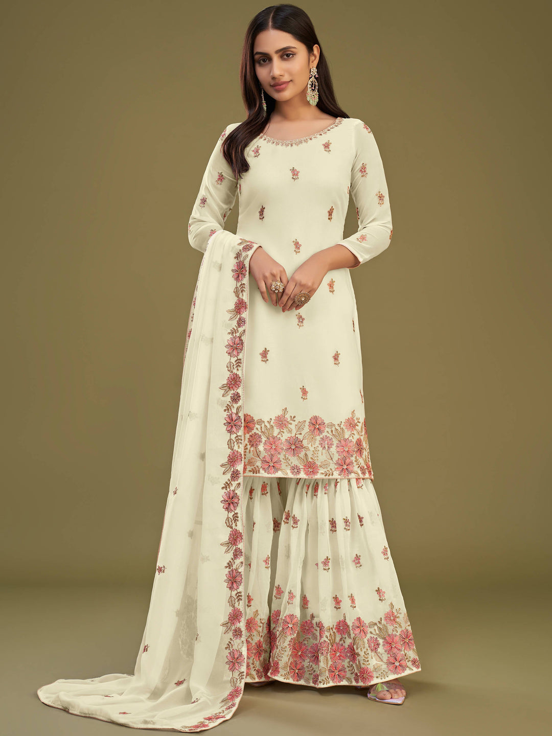 Beautiful lemon yellow georgette party wear sharara suit with multi-thread embroidery and sequin work 