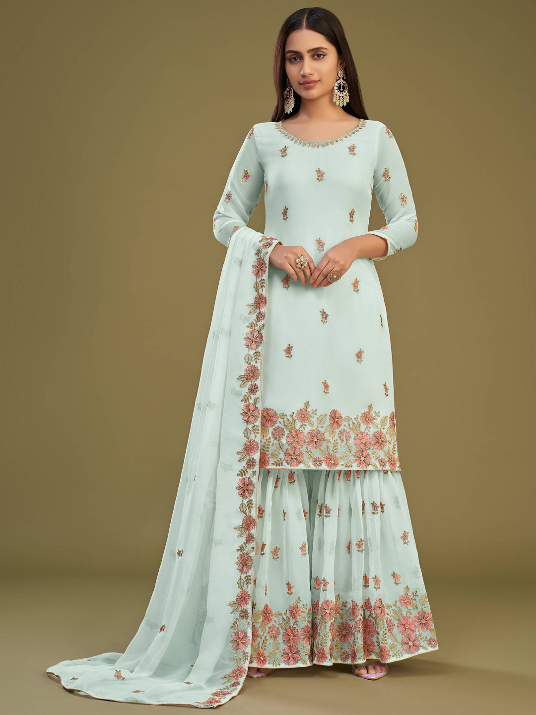 
Attractive Firozi Embroidered Georgette Function Wear Sharara Suits showcasing exquisite multi-thread embroidered work and sequin embellishments