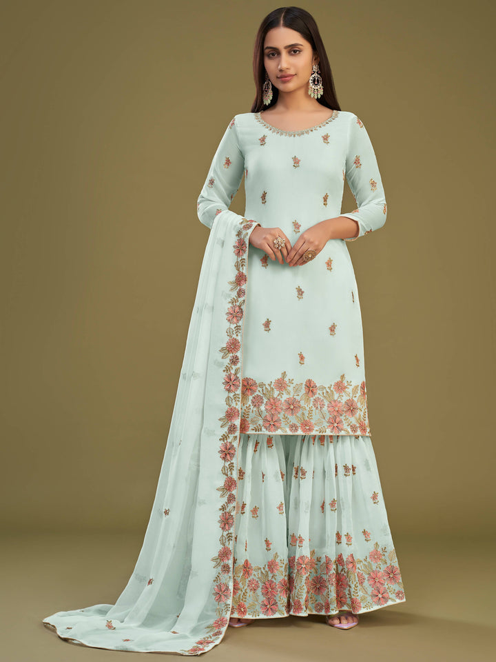 
Attractive Firozi Embroidered Georgette Function Wear Sharara Suits showcasing exquisite multi-thread embroidered work and sequin embellishments