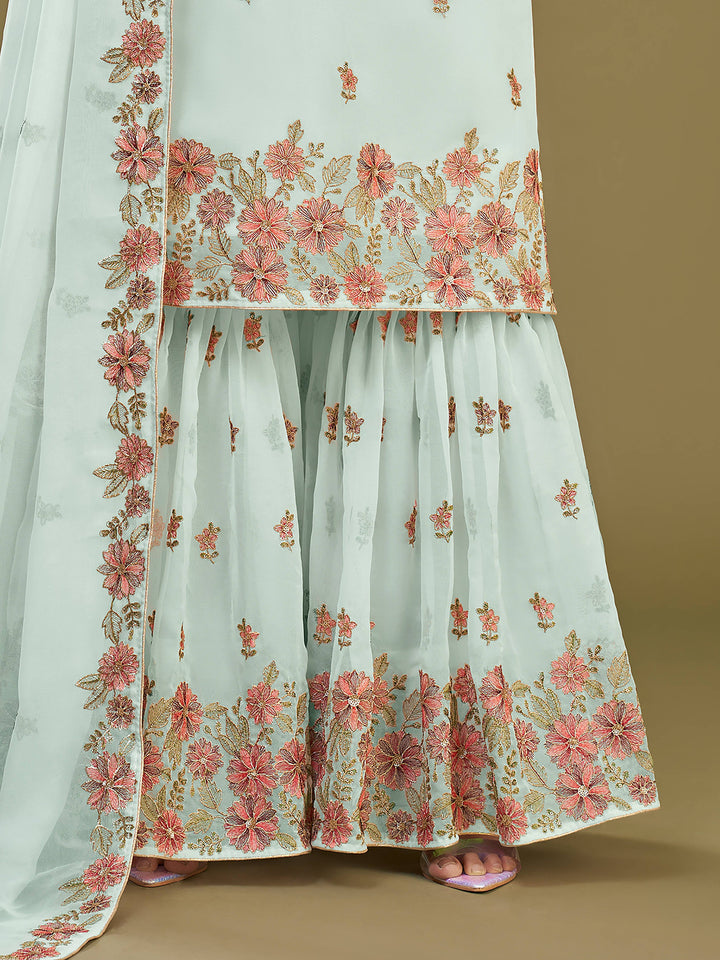 Stitched sharara with inner santoon fabric for ease of movement and size up to 44 bust