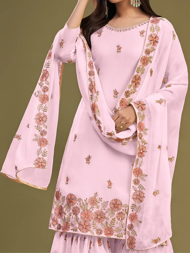 Gorgeous pink embroidered georgette party wear sharara suit for women