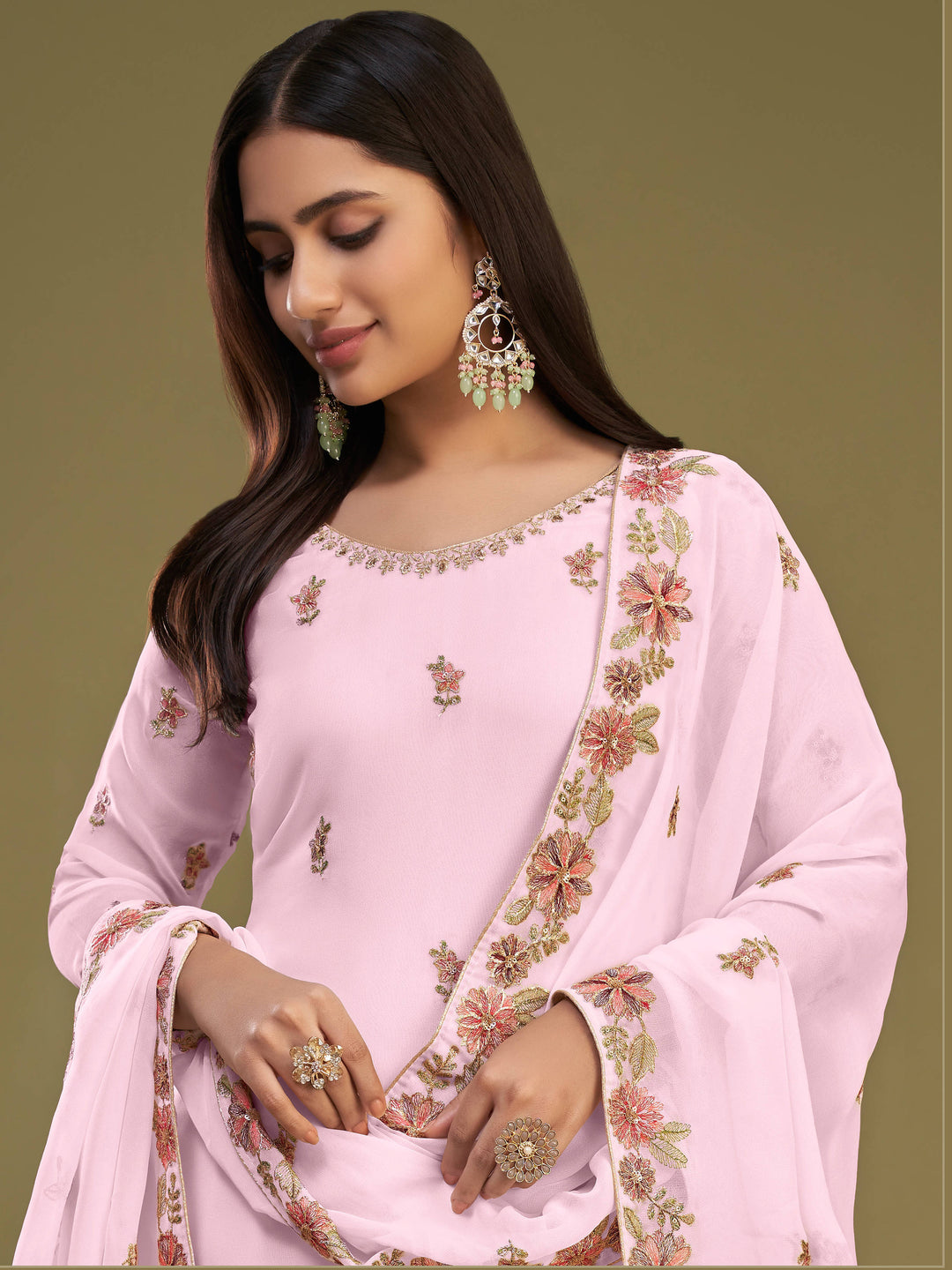 Alluring Pink Embroidered Georgette Party Wear Sharara Suits for Women