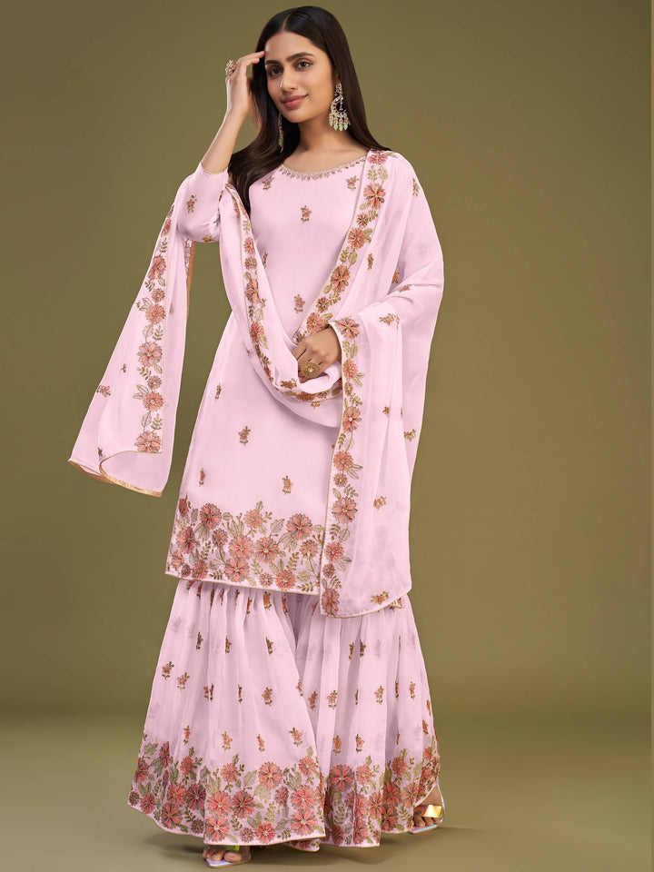 Alluring Pink Embroidered Georgette Party Wear Sharara Suits with Intricate Floral Design