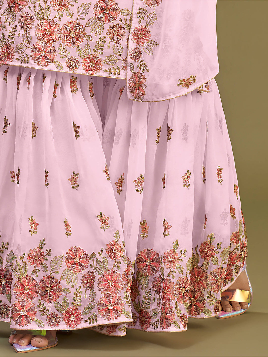 Alluring Pink Embroidered Georgette Sharara Suit with Intricate Floral Designs
