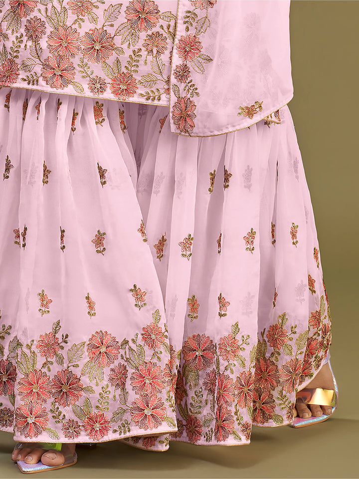 Alluring Pink Embroidered Georgette Sharara Suit with Intricate Floral Designs