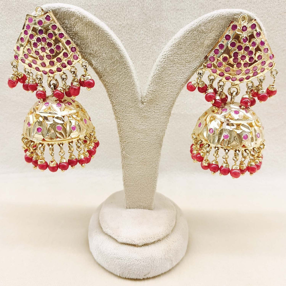 Intricately Designed Jadau Jhumki with Golden Texture and Ruby Colored Beads