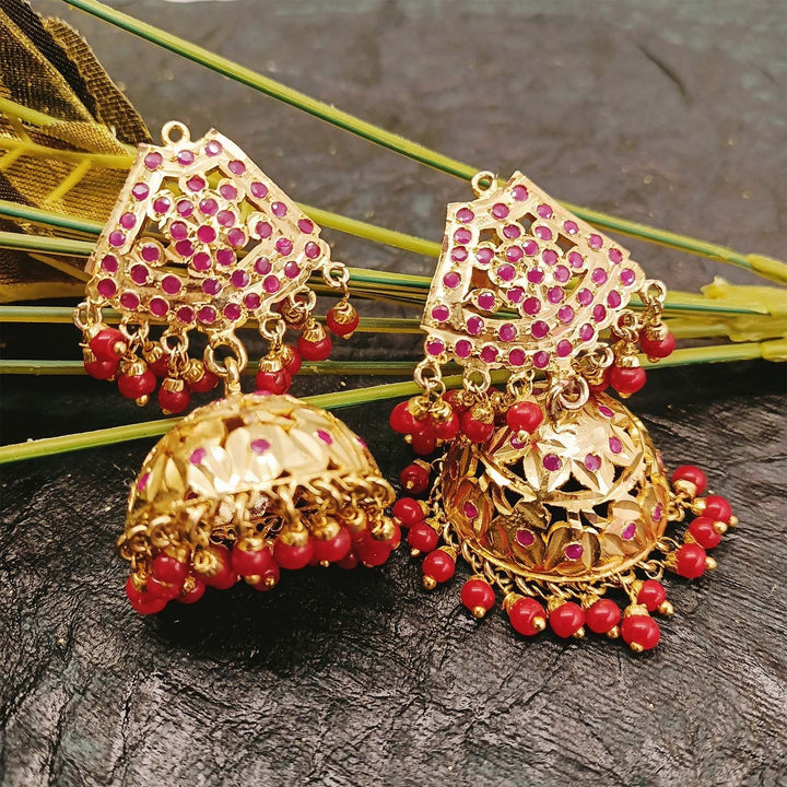 Exquisite Ruby Colored Beads Adorning Gold Plated Jadau Jhumki