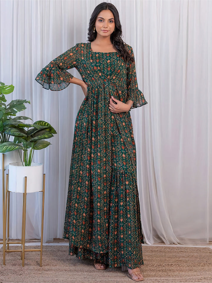 fabulous green digital printed georgette sharara suit with jacket
