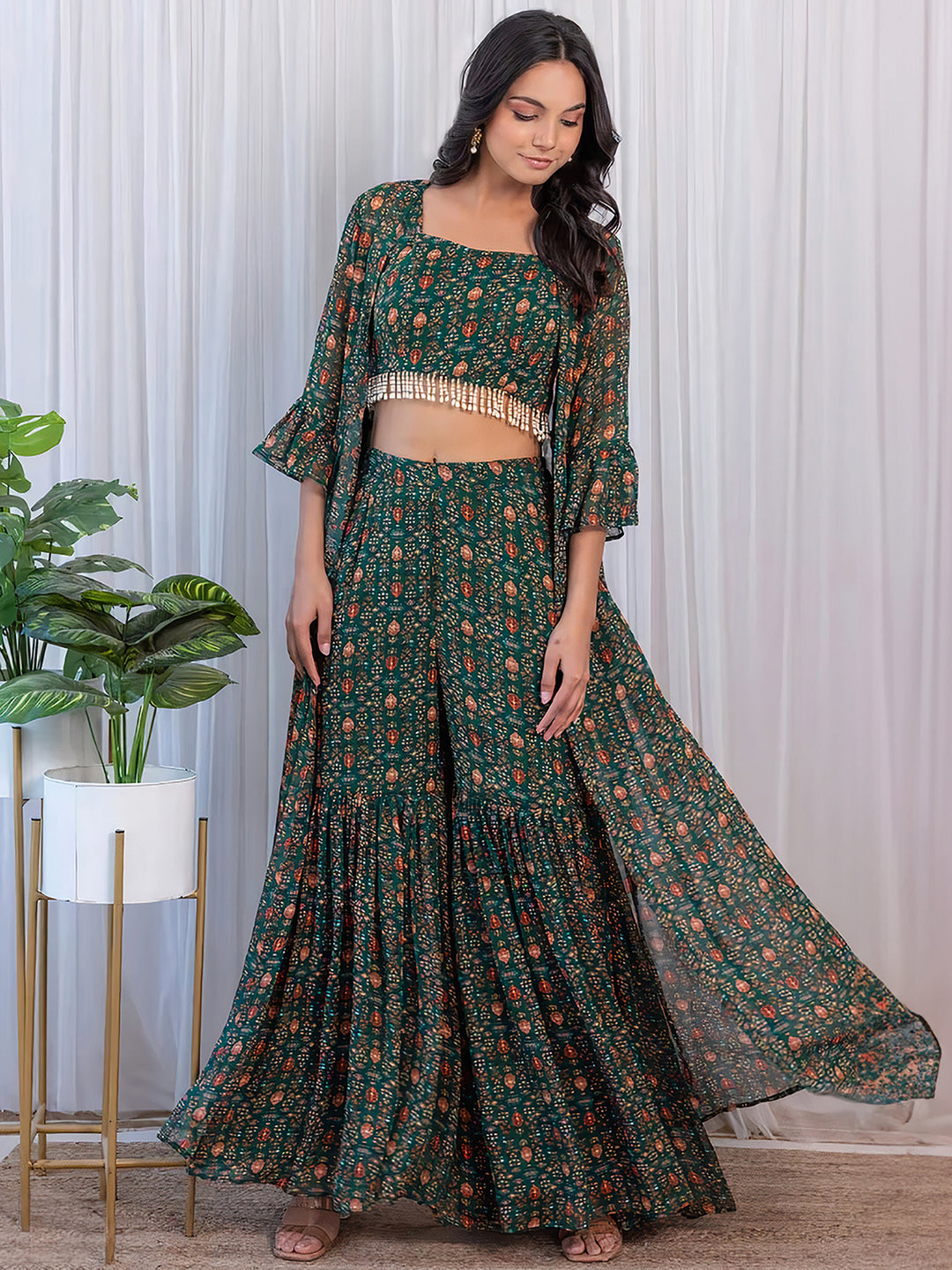 bottle green georgette material complements any skin tone