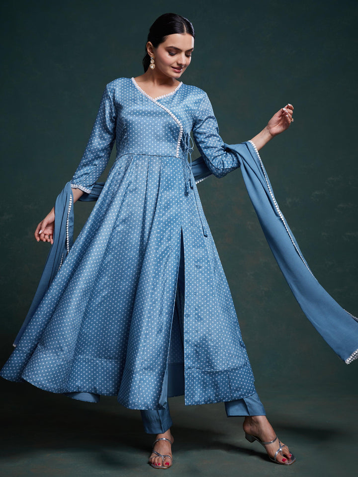 Beautifully adorned dusty blue suit with silk pant and georgette dupatta