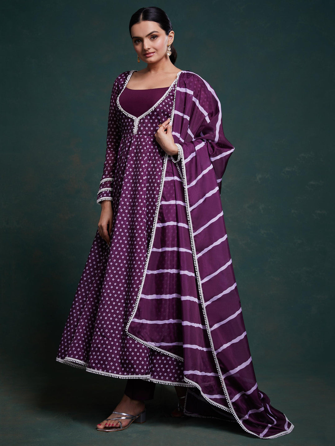Fascinating purple printed organza festival wear salwar suit with intricate floral designs