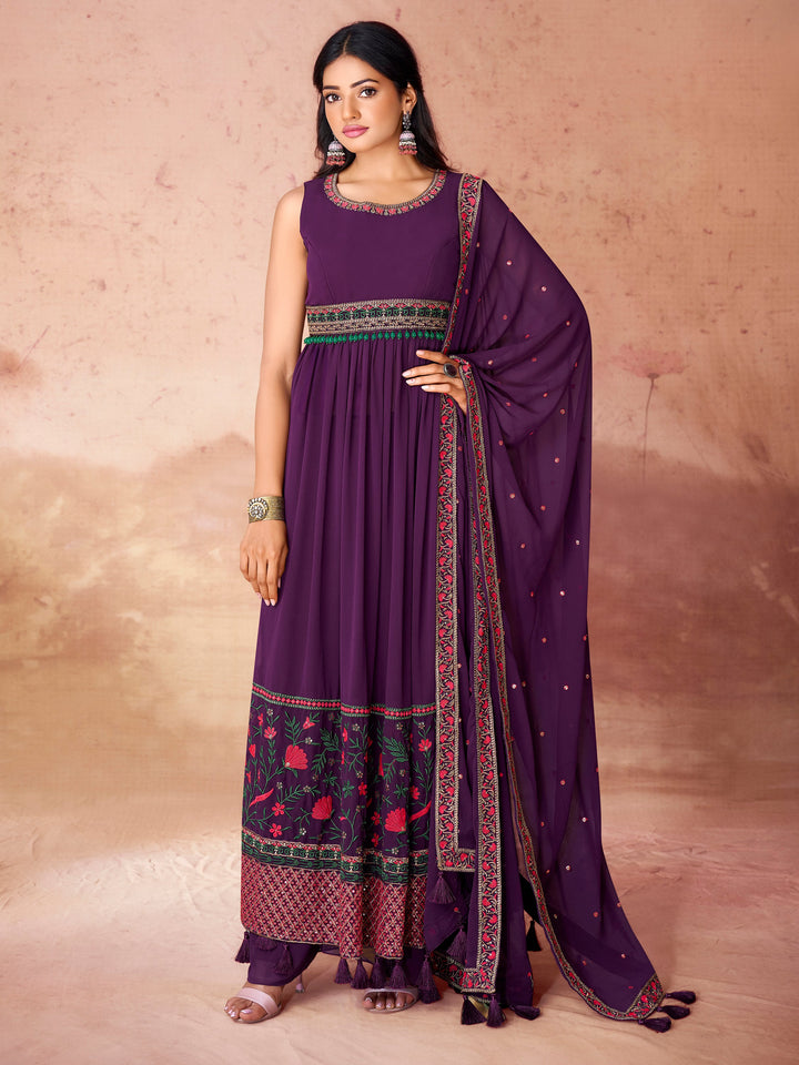 Incredible Purple Embroidered Georgette Festival Wear Palazzo Suit with intricate sequin and thread embroidery on luxurious purple georgette fabric