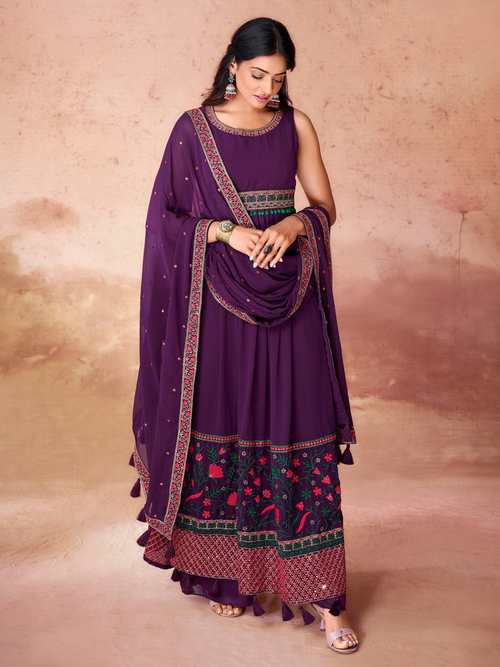 Fully stitched ensemble with delicate embroidery and matching georgette palazzo for a graceful and elegant look