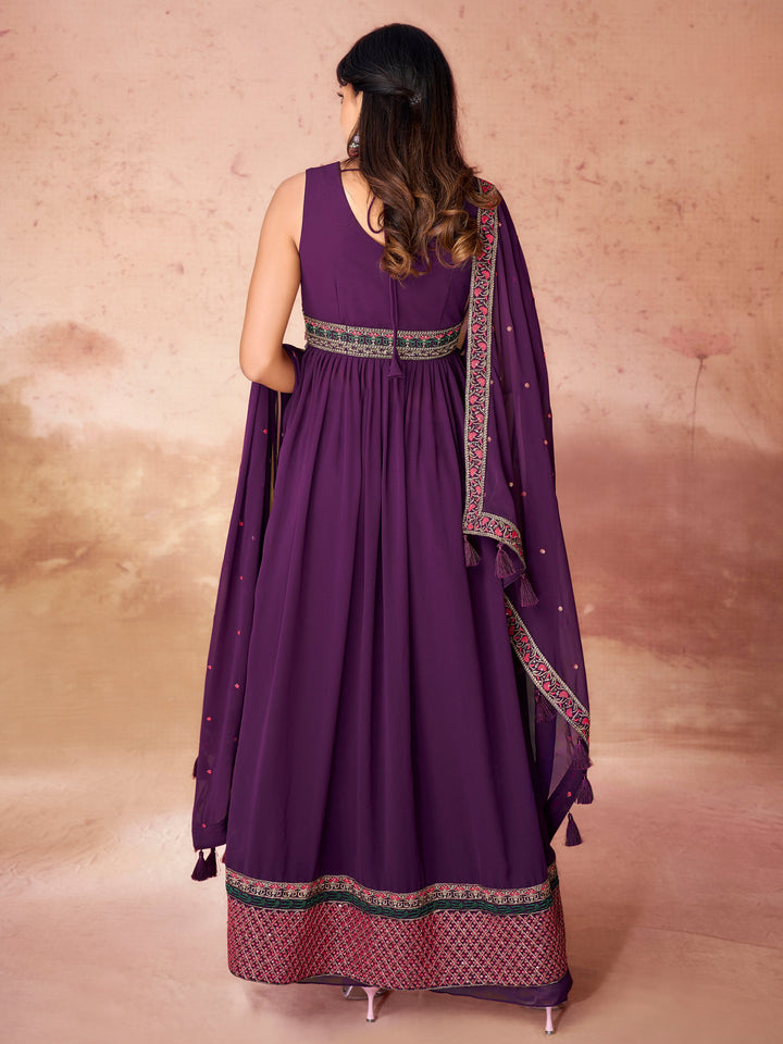 Elevate your ethnic wardrobe with stunning purple embroidered georgette palazzo suit