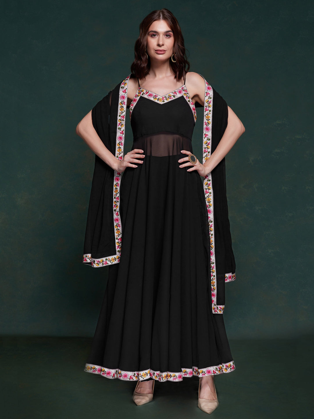 Marvelous Black Georgette Party Wear Long Suit With Dupatta alt text