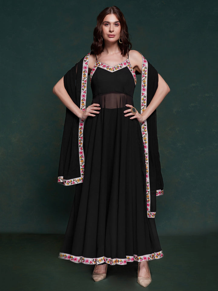 Marvelous Black Georgette Party Wear Long Suit With Dupatta alt text