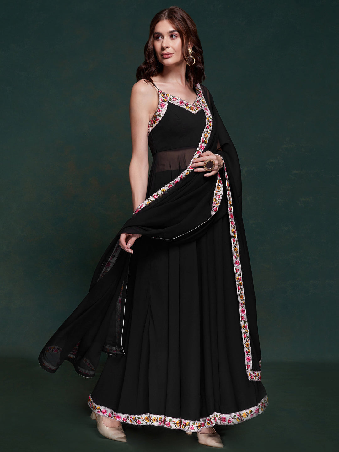 Matching black georgette pants and coordinating dupatta alt text
