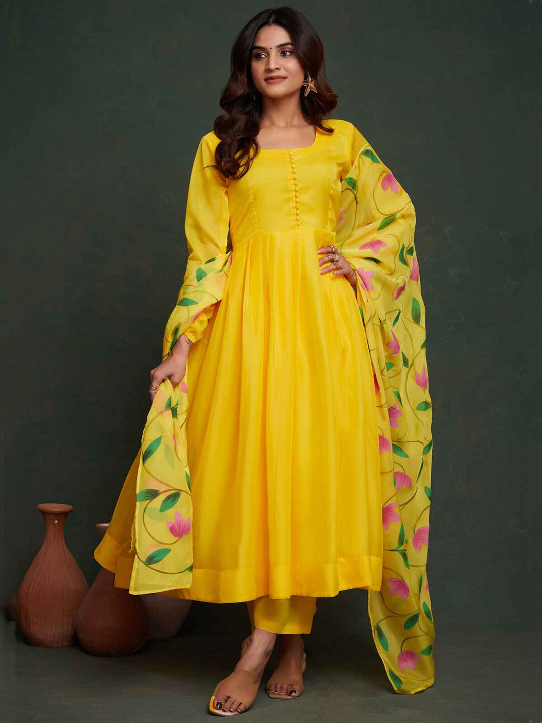 Beautiful Yellow Organza Haldi Wear Anarkali Suit With Dupatta - Traditional Indian Dress for Festive Occasions