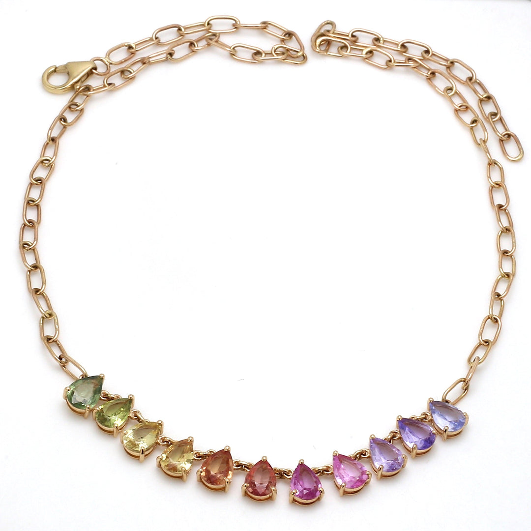 Rainbow Sapphire Pear Prong  Set Link Chain  Necklace - qivii