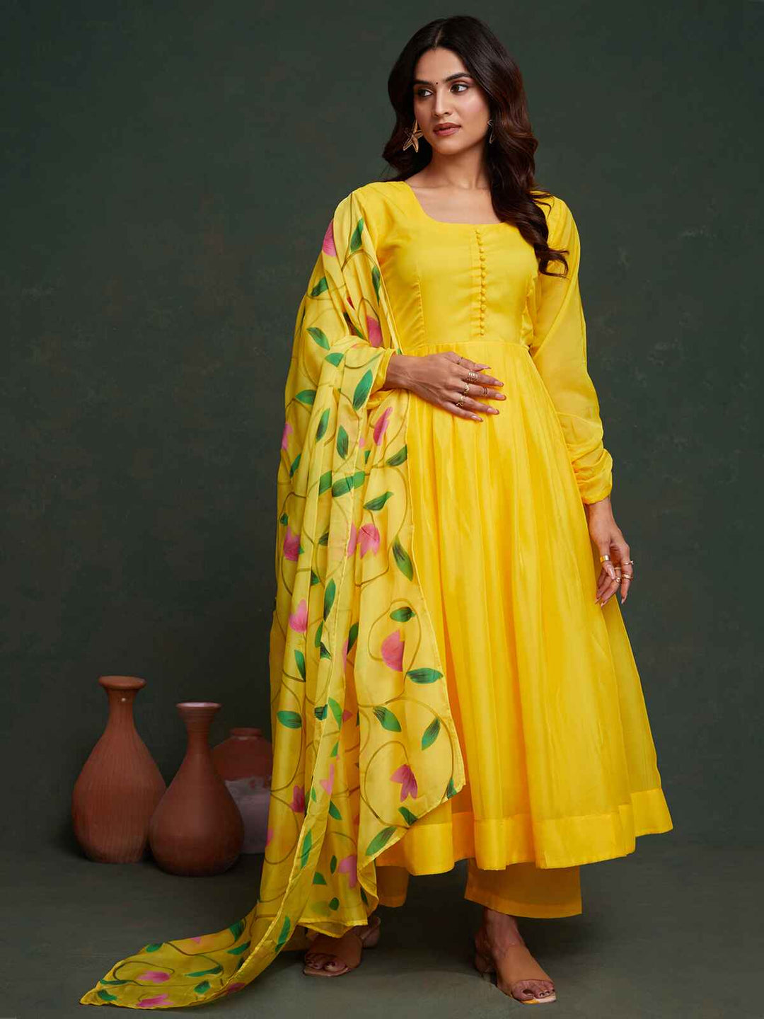 Beautiful Yellow Organza Haldi Wear Anarkali Suit With Dupatta for Women