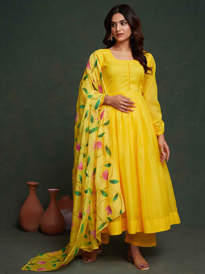 Beautiful Yellow Organza Haldi Wear Anarkali Suit With Dupatta for Women