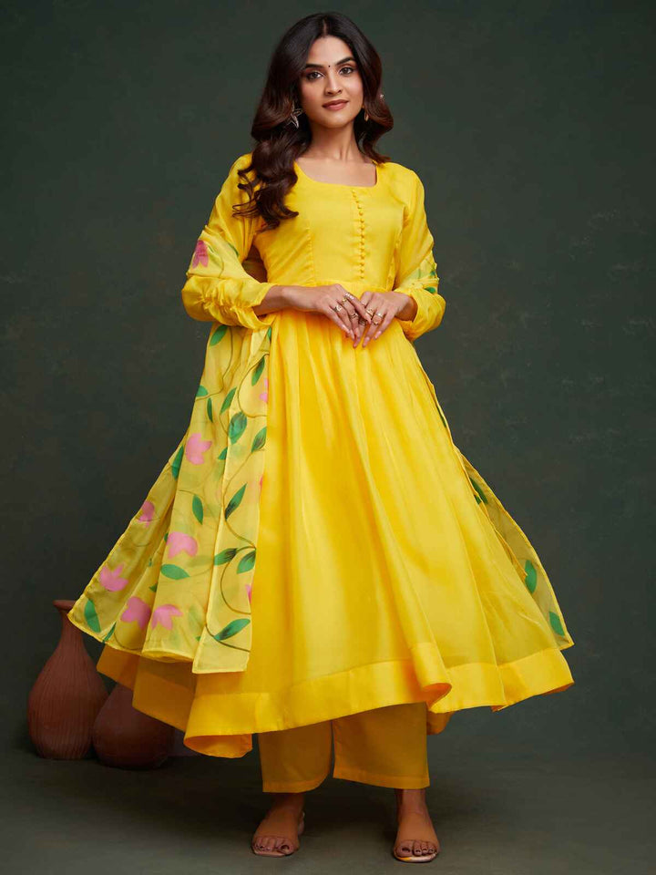 Beautiful yellow organza Haldi wear Anarkali suit with matching dupatta