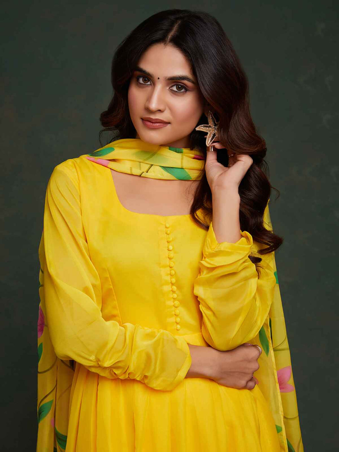 Beautiful Yellow Organza Haldi Wear Anarkali Suit With Dupatta - Front View