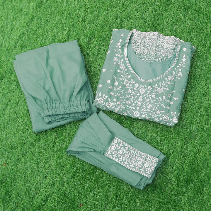 Sea Green Star Georgette Embroidery Palazzo Suit - qivii