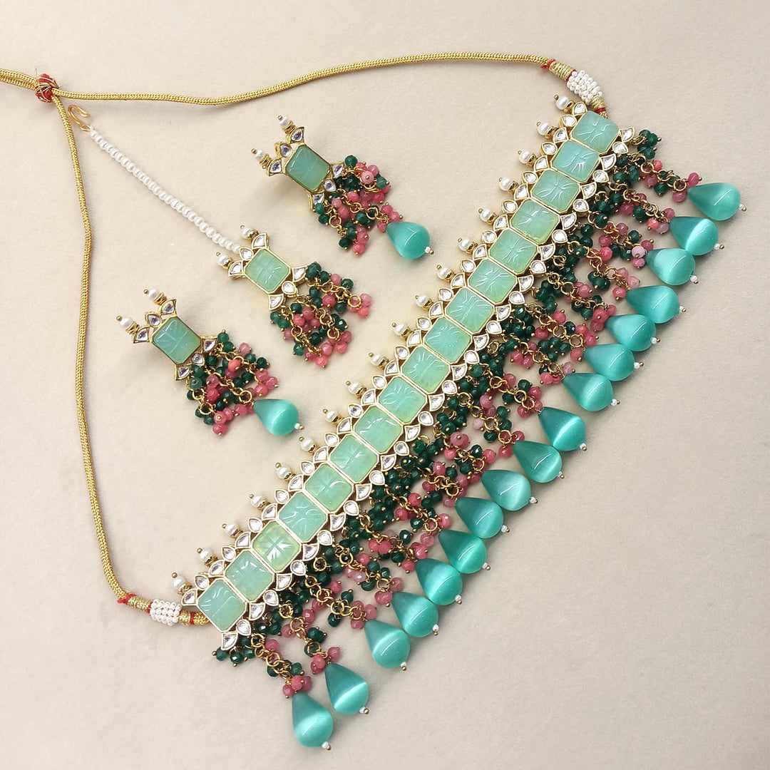 Aafizah Mint Green & Pink Gold Plated Choker Kundan Set with intricate design and stunning gemstones