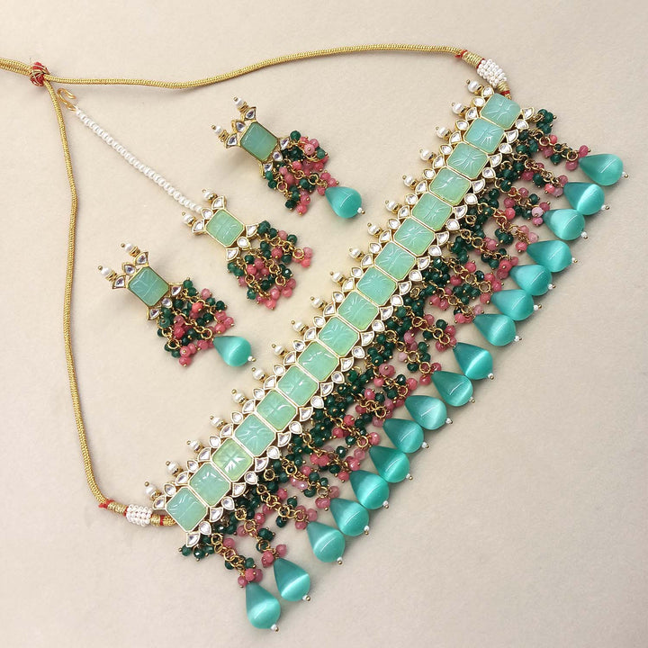 Aafizah Mint Green & Pink Gold Plated Choker Kundan Set with intricate design and stunning gemstones