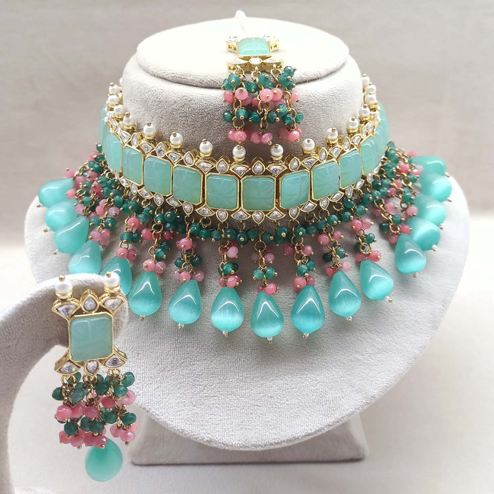 Aafizah Mint Green & Pink Gold Plated Choker Kundan Set with Intricate Floral Design