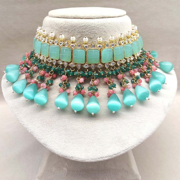 Aafizah Mint Green & Pink Gold Plated Choker Kundan Set with Intricate Floral Design